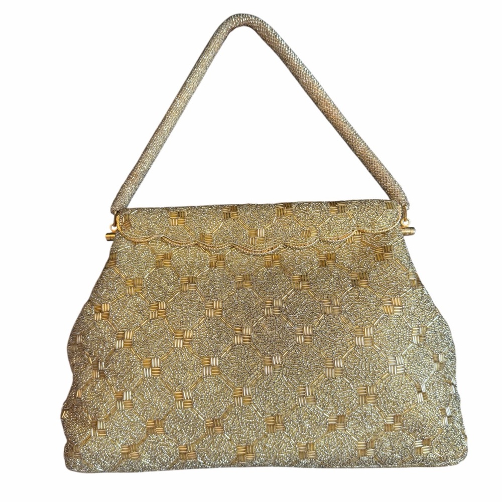 Vintage Gold Beaded Evening Purse Handbag Glam Art Deco Style